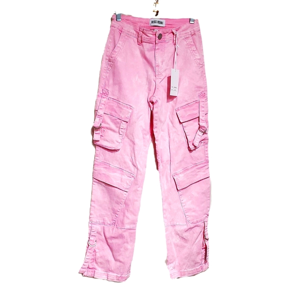 Pink Wide Leg Cargo Denim Acid Wash Pants With Buckle Detail Woman's Jeans NWT
